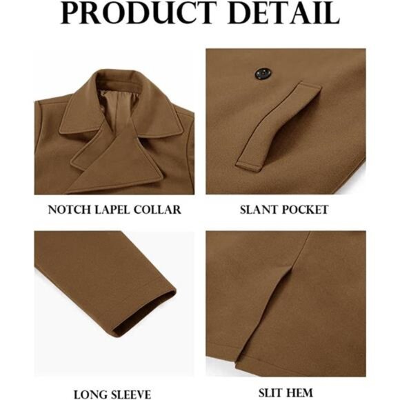 Mens Double Breasted Trench Coat Casual Camel - Picture 4 of 4